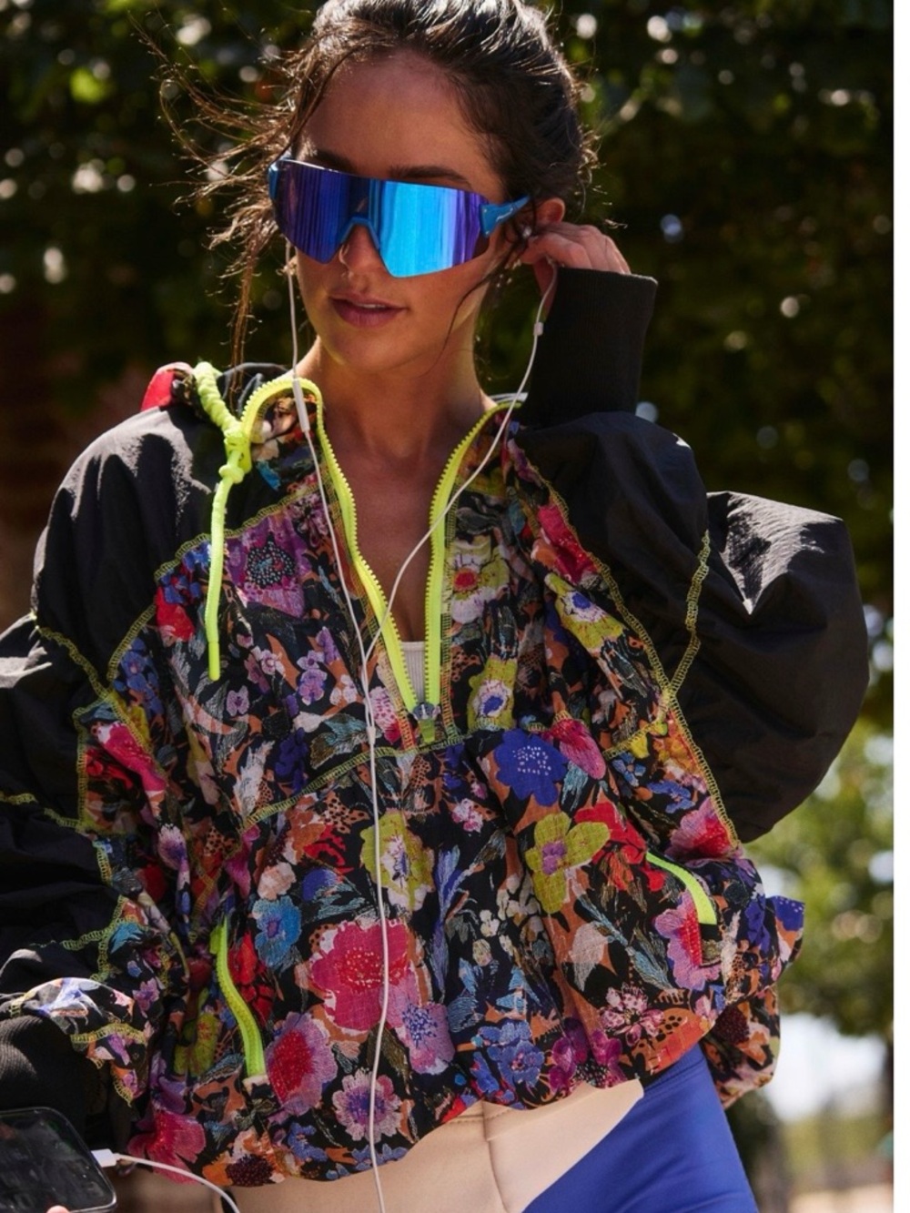 Free People Floral Utility Windbreaker with Neon Trim - Black/Multi
